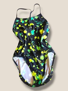 Nike Black One-Piece Swimsuit with Neon Green & Teal Splash